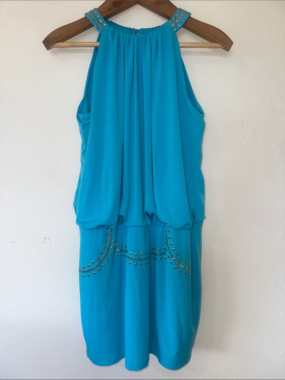 Thalia Sodi Turquoise Studded Halter Bubble Hem Mini Dress